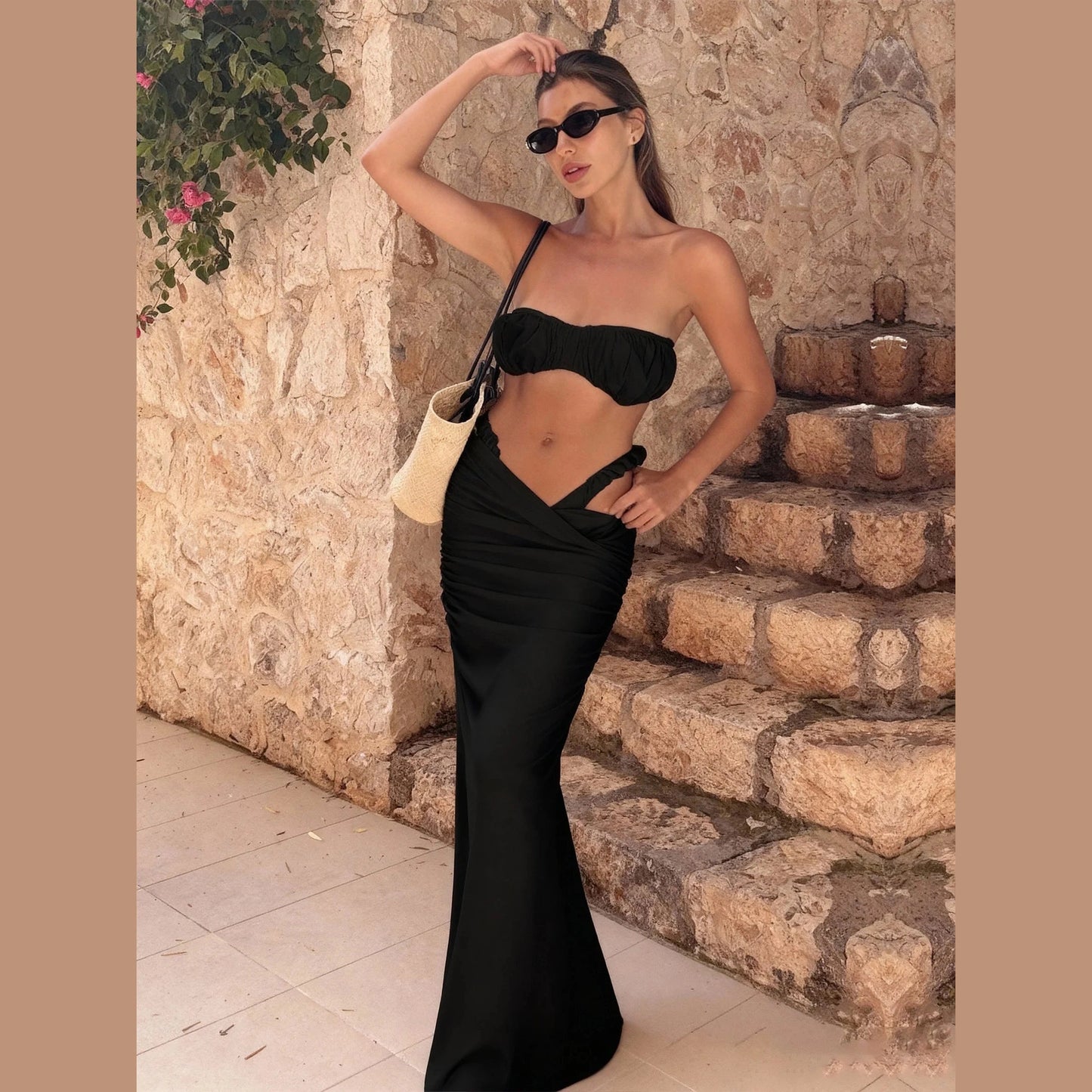 Trzyczęściowy strój kąpielowy bandeau z pareo- Perla