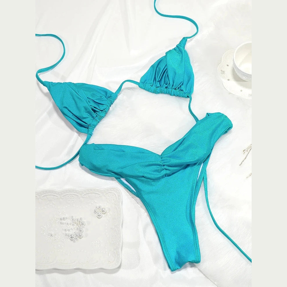 Dwuczęściowy strój kąpielowy  vintage bikini z marszczeniem - Aguamarina