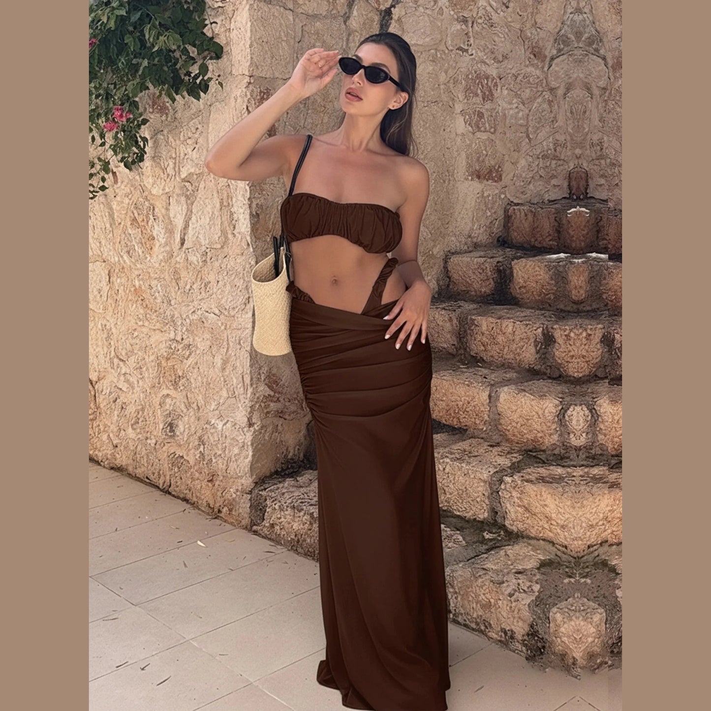 Trzyczęściowy strój kąpielowy bandeau z pareo- Perla
